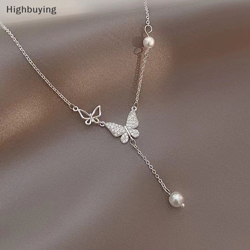 Hbid Fashion Baru Shiny Zircon Butterfly Necklace Untuk Wanita Pesona Mutiara Rumbai Romantis Rantai Klavikula Perhiasan Pernikahan Pribadi Glory