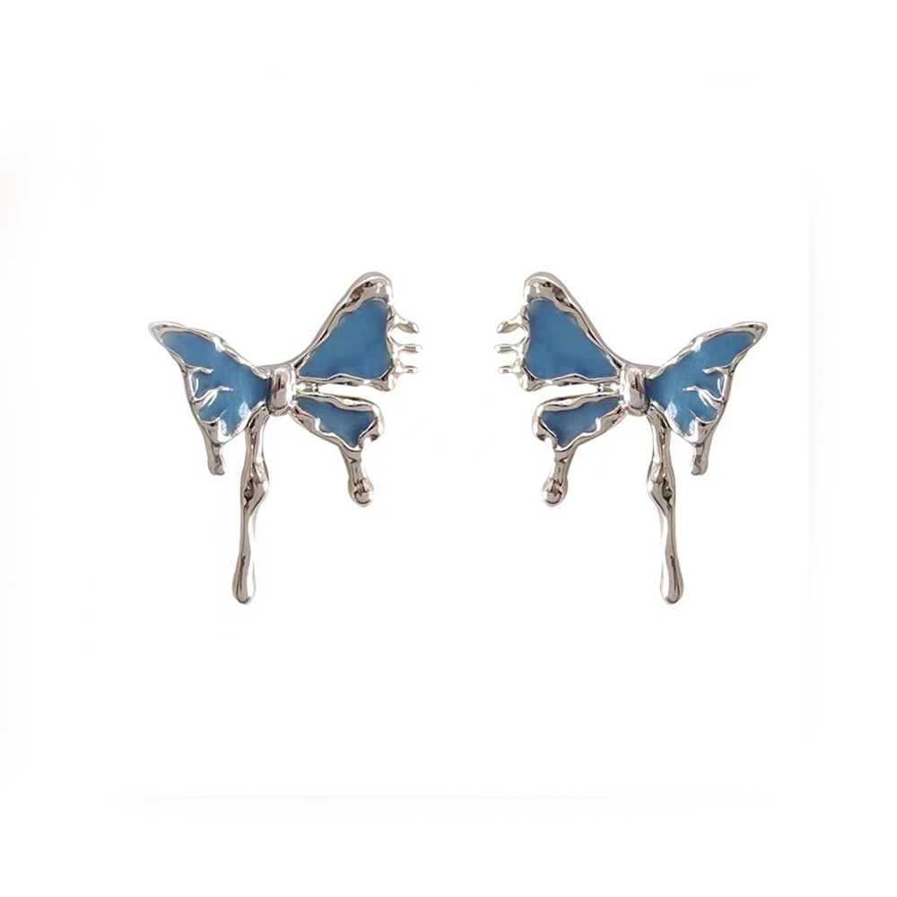 Anting Klip Kupu-Kupu Enamel Biru Untuk Wanita Perhiasan Logam Non Tindik Hadiah Pesta