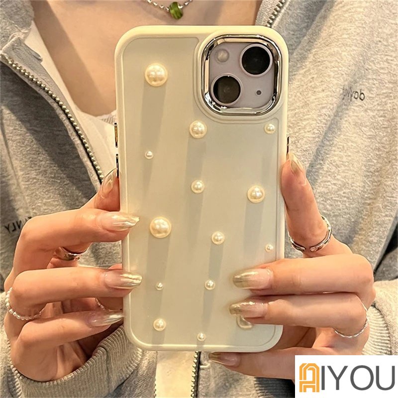 IPHONE Ins Korea Lucu 3D Mutiara Putih Kreatif Telepon Case Untuk Iphone14 13 12 11 Pro Max X XR Plating Lensa Pelindung Soft Cover