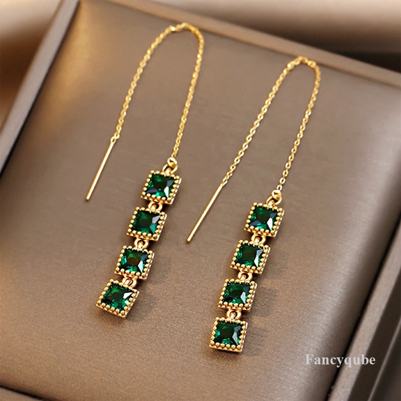 Wanita Kawat Anting Gantung Persegi Hijau Cubic Zircon Earrings Untuk Pesta Pernikahan Korea Fashion Perhiasan