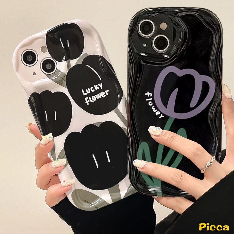 Ins Fashion Casing Bunga Tulip Keberuntungan Hitam Untuk Redmi9 10 9A A1 A2 9T 10A 9C NFC 10C Redmi Note12 11 10 8 9 11s 10s 10Pro 10 Pro Max Plus POCO M3 3D Tepi Bergelombang Lengkung Lembut Sarung