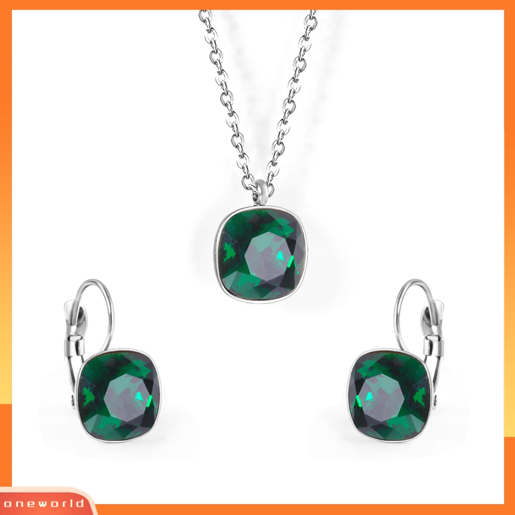 [ONE] 1set Wanita Anting Kristal Imitasi High Gloss Geometris Temperamen Menawan Dekorasi Cahaya Yang Indah Mewah Square Pendant Kalung Wanita Aksesori