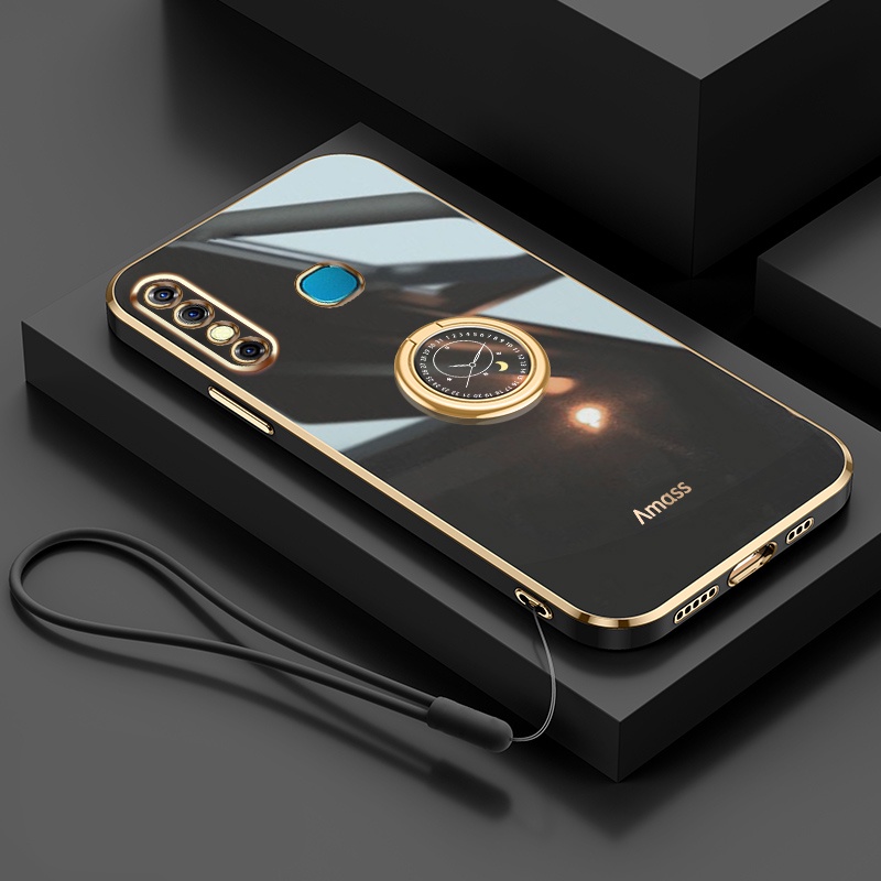 Andyh Casing Ponsel Silikon Ultra Tipis Untuk Infinix Hot8 Pro X650 X650C Deluxe Perlindungan Jatuh Pita Emas Dengan Jam Cincin Dan Lanyard Gratis
