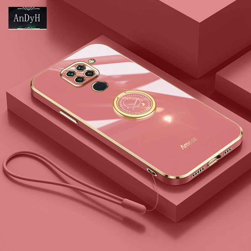 Andyh Casing Ponsel Silikon Ultra Tipis Untuk Xiaomi Redmi Note9 4G Deluxe Fall Protection Gold Band Dengan Cincin Jam Dan Lanyard Gratis
