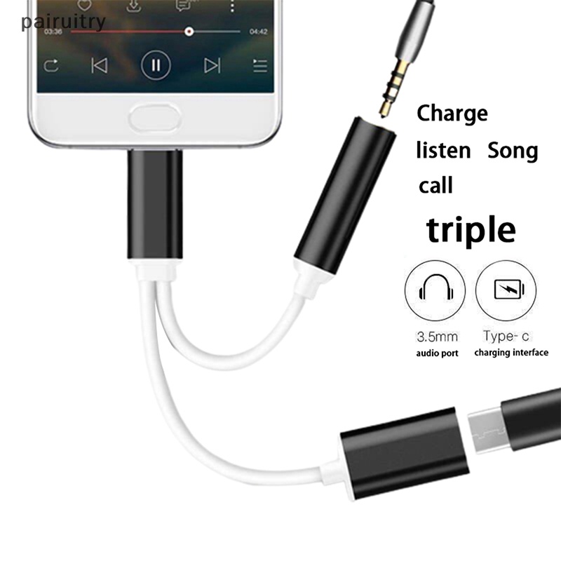 Prt Aux Audio Charging Cable Adapter 2in1 USB Tipe C Ke Jack Headphone Splitter 3.5mm Untuk Xiaomi Huawei PRT