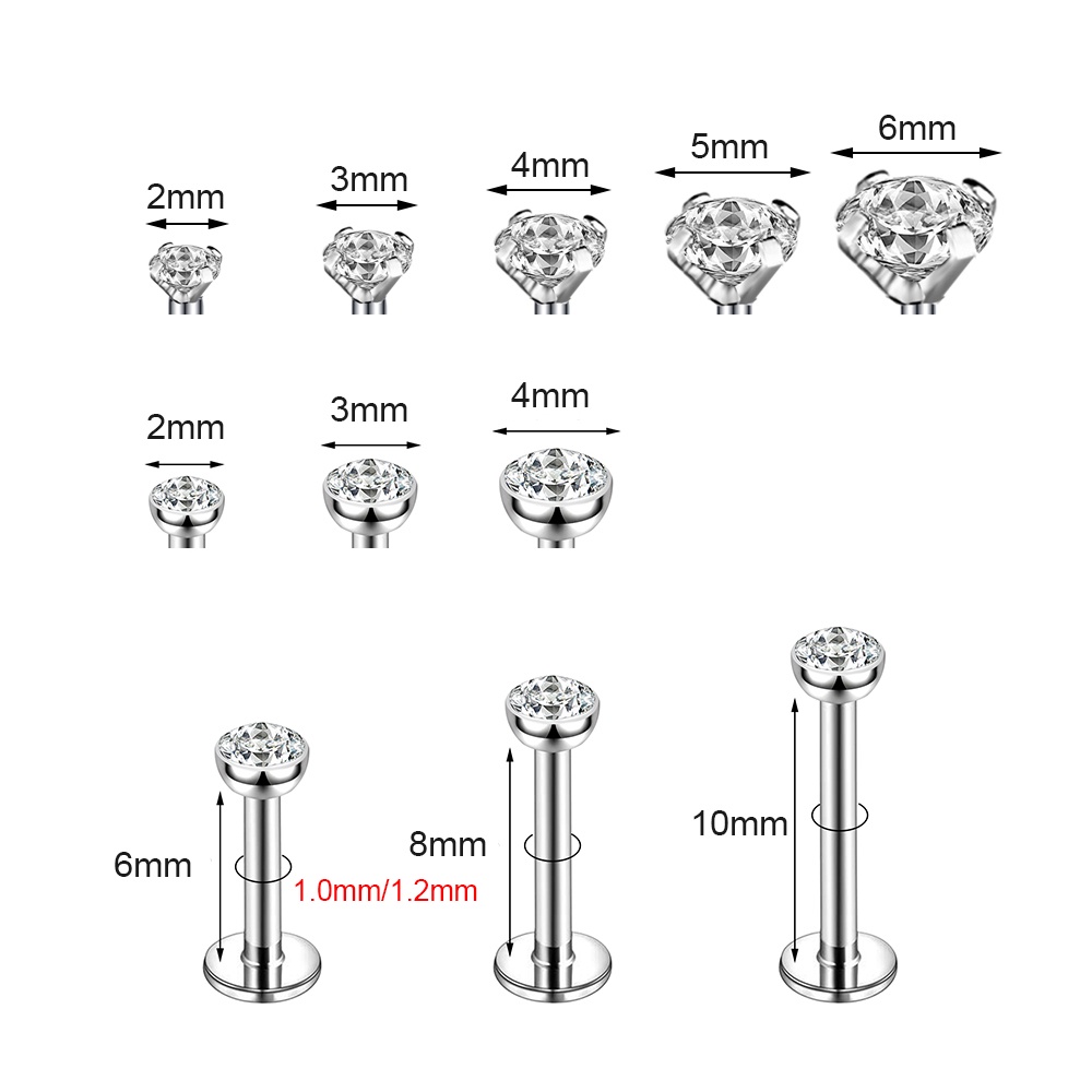 10pcs/lot 16G /18G Kristal Bibir Stud Stainless Steel Labret Piercing Tulang Rawan Stud Earrings Tragus Keong Helix Piercing