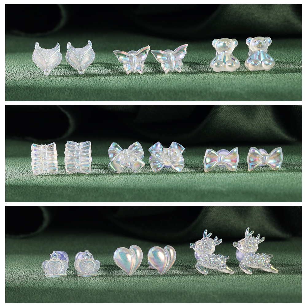 6-10 Pcs Invisible Resin Bow Tie Stud Earrings Set Bunga Mencegah Alergi Tulang Rawan Anting Bulan Bintang Beruang Kecil Telinga Studs