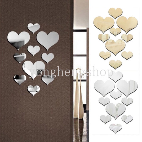 10pcs/set Cinta Hati Stiker Mural Decal Mirror-Surface Stiker Dinding DIY Dekoratif Stiker Akrilik Rumah Kamar Tidur Ruang Tamu Dekorasi Pesta Pernikahan Supply