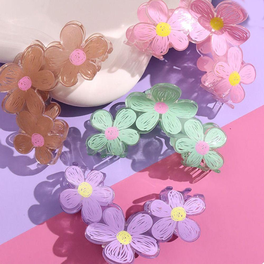 REBUY Rebuy Flower Hair Claw Pesta Elegan Stylish Shark Clip Besar Jepit Rambut Ponytail Holder Hiasan Kepala Geometris Bentuk Bunga Korean Hairgrip