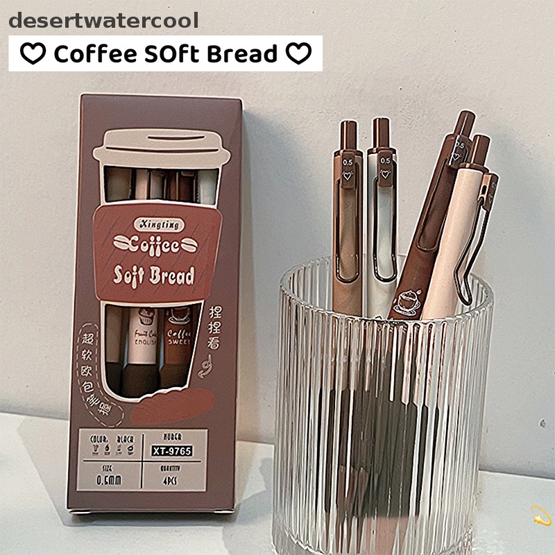 Deid 4pcs Coffee Soft Bread Gel Pen Set 0.5mm Tinta Warna Hitam Untuk Wrig Perlengkapan Alat Tulis Kantor Sekolah Martijn