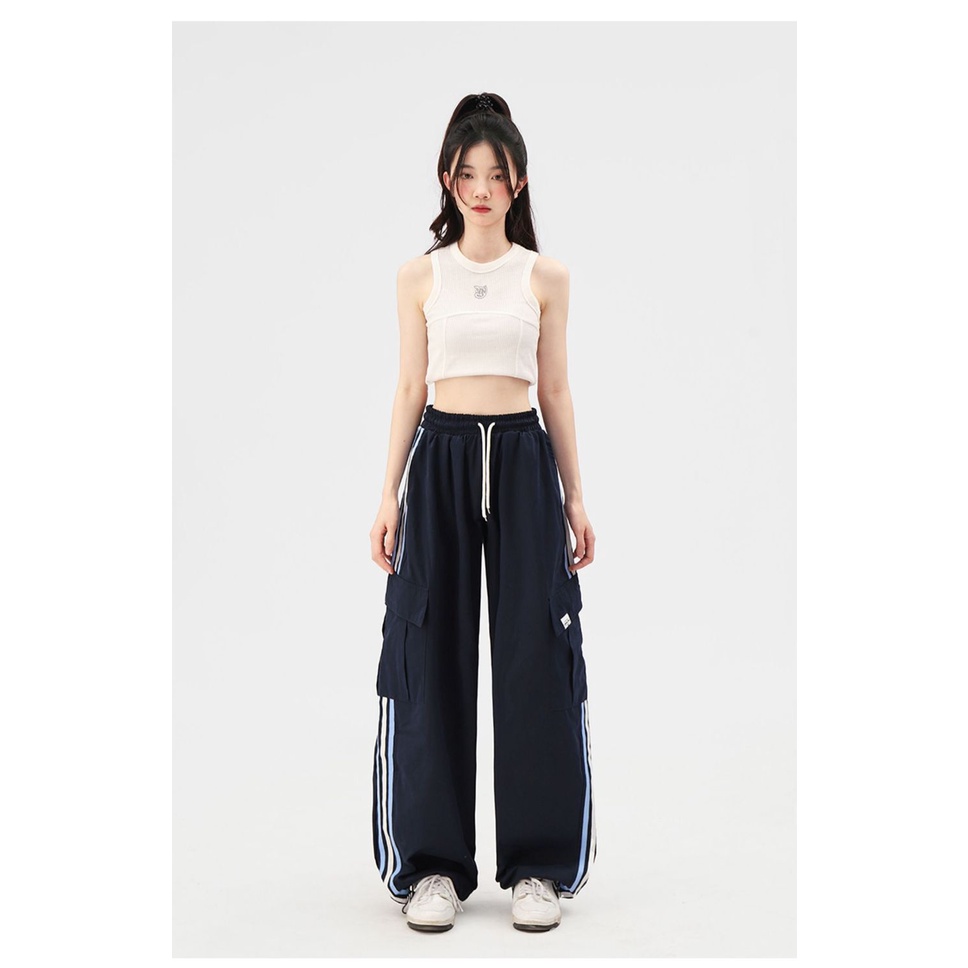 Celana Wanita Cargo Pants Oversize Splicing Stripe Casual Pants