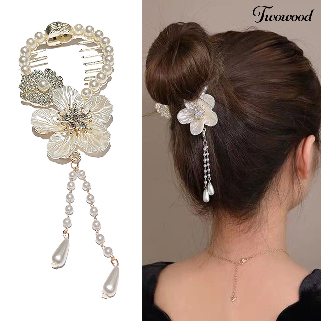 Twowood Lady Ponytail Claw Flower Panjang Rumbai Camelia Mutiara Imitasi Mengkilap Berlian Imitasi Hiasan Rambut Dengan Gigi Anti Putus Anti-slip Klip Rambut Aksesoris Rambut