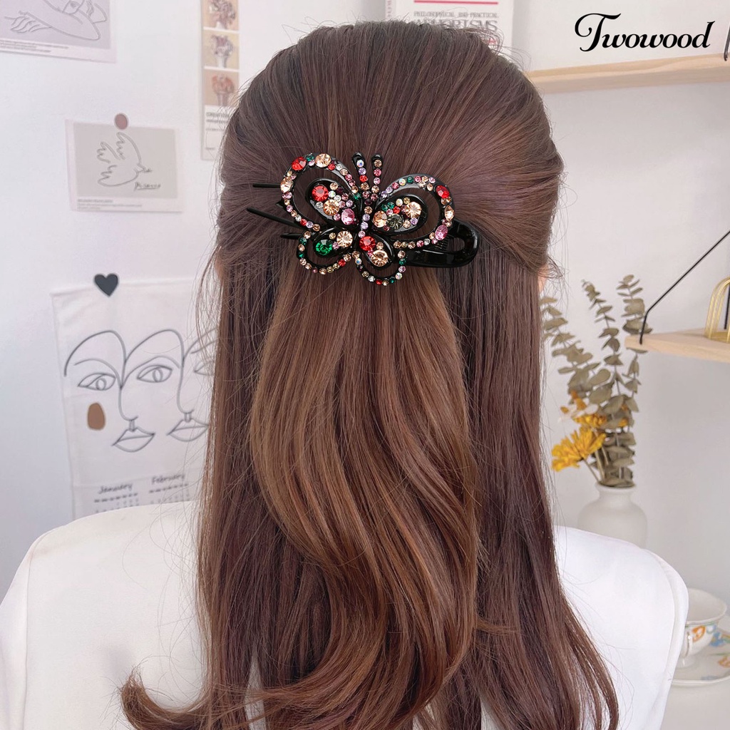 Twowood Berlian Imitasi Kupu-Kupu Rambut Klip 3cakar Mewah Elegan Gaya Rambut Dekorasi Non-slip Wanita Bebek Billed Clamp Fashion Aksesoris Rambut