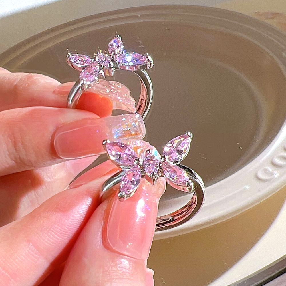 Ay(cn) Cincin Zirkon Pink Manis Butterfly Bow Heart Crystal Adjustable Opening Rings Untuk Aksesoris Perhiasan Wanita