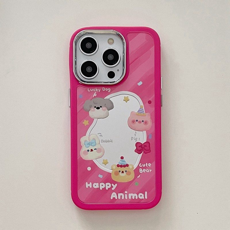 All New Mirror So Cute Pink Animal Party Silicone Soft Case IPhone 11 12 13 14 Pro Max Women's Fashion Gift Electroplated Camera Red Girl Phone Case