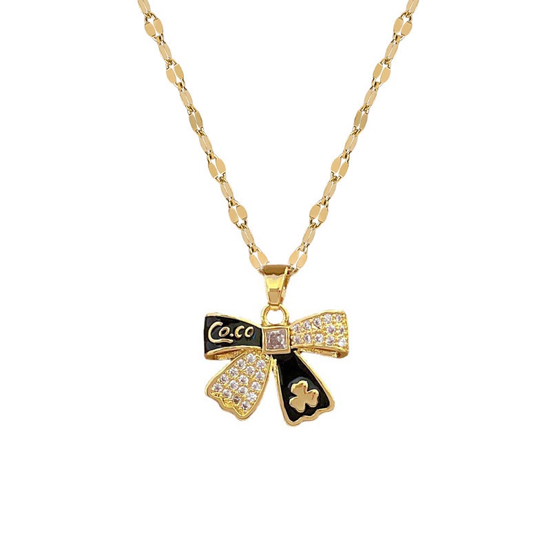 Xiaoboacc Kalung Ikatan Simpul Berlian Inlay Titanium Steel Micro Untuk Wanita Perempuan Gaya Istana Kalung Rantai Busur