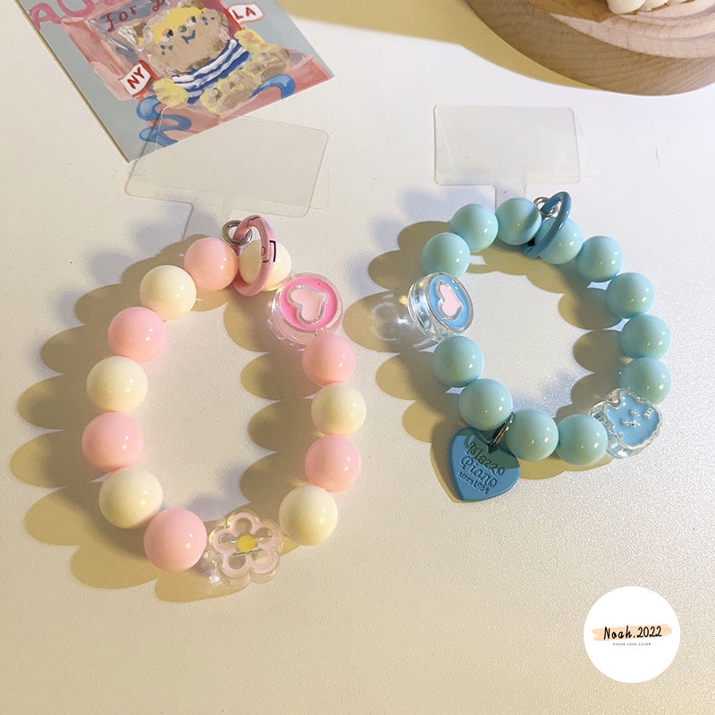 Ins Permen Warna Macaron Manik Gantung Rantai Telepon Pendek Ponsel Lanyard Lucu 3D Beruang Cinta Hati Bunga Pergelangan Tangan Tali Gelang Anti-lost Case Lanyard Gantungan Kunci Gadis Tas Aksesori