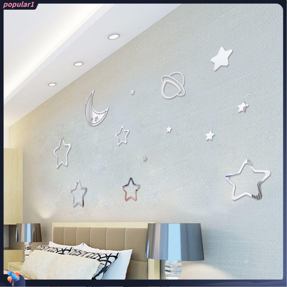 Populer Star Moon Planet Mirror Wall Sticker Dekorasi Rumah Cermin Kombinasi 3D Mini Sticker Mirror Art Wall Decor Mirror Sticker Cermin Reflektif Wallpaper
