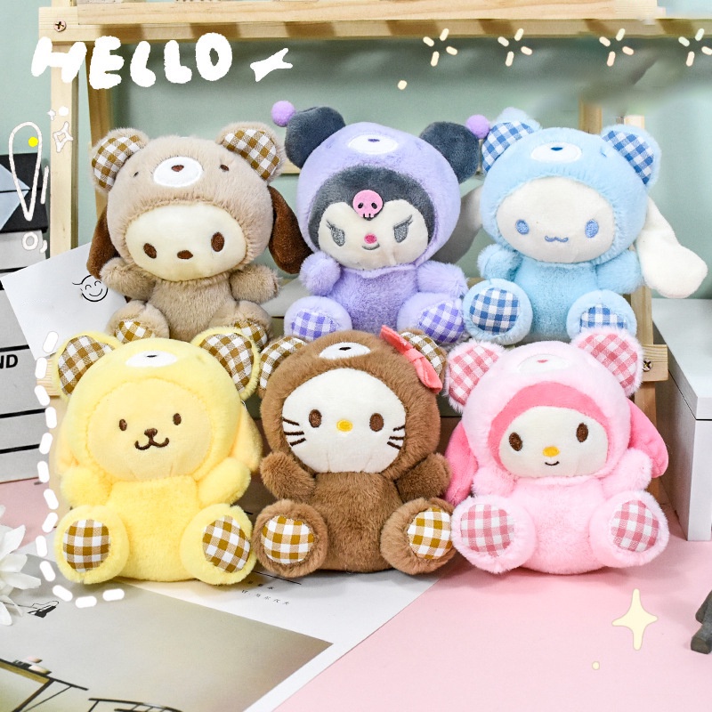 Kawaii Sanrio Mainan Mewah Gantungan Kunci Hello Kitty My Melody Cinnamoroll Pachacco Cute Bear Series Liontin Boneka Mainan Anak