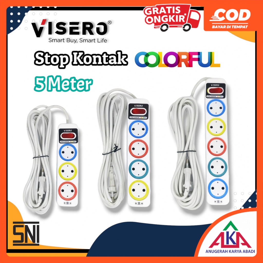 

VISERO Stop Kontak COLORFUL Kabel 5M 3 / 4 / 5 Lubang Tombol Lampu SNI