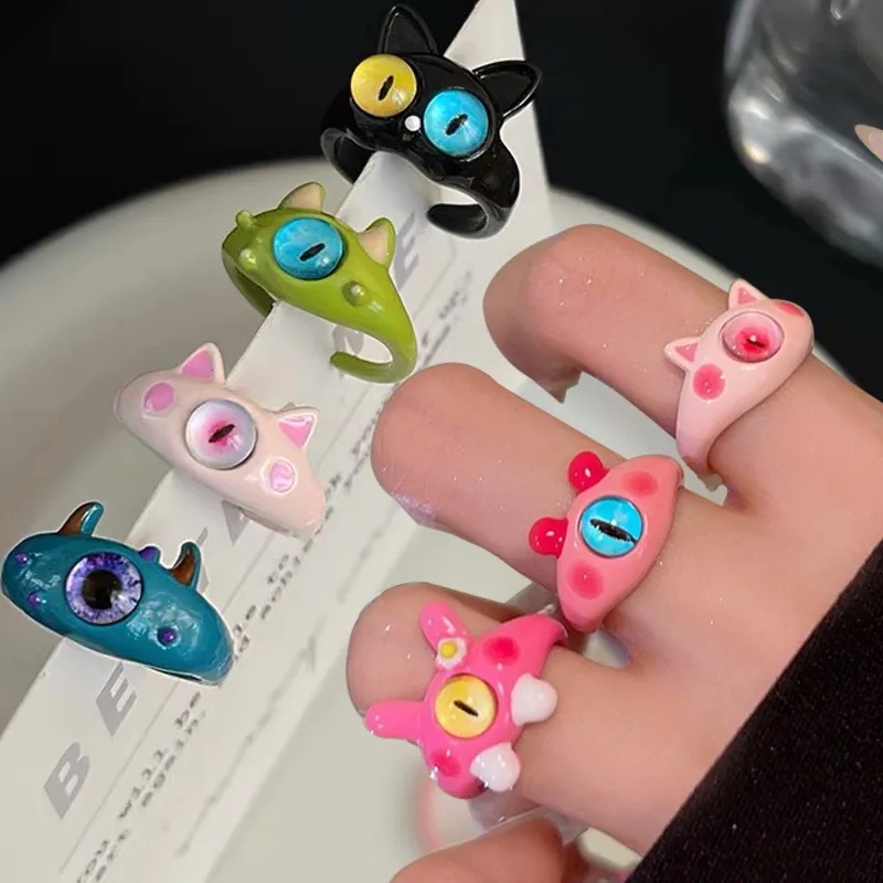 Cincin Jari Wanita Anak Kucing Kartun Lucu/ Murid Yang Berbeda Cincin Pembukaan Monster Kecil Yang Lucu/ Aksesoris Kepribadian Fashion Lolita Yang Dapat Disesuaikan