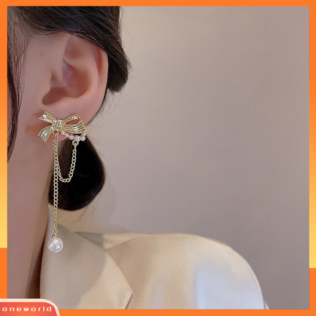 [WOD] 1pasang Drop Earrings Temperamen Busur-Simpul Mutiara Imitasi Geometris Shiny Hias Hadiah Wanita Panjang Rumbai Liontin Anting Perhiasan Fashion Untuk Perjamuan