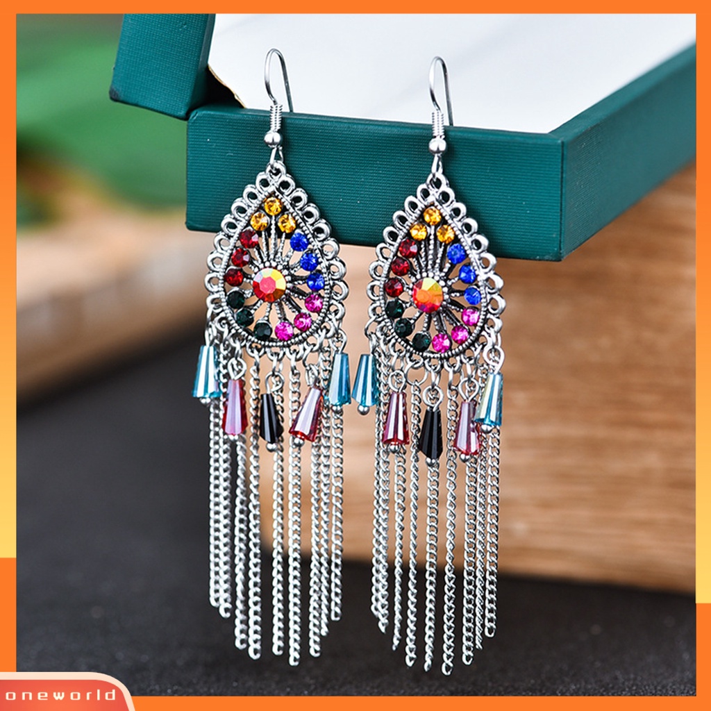 [WOD] 1pasang Anting Wanita Bentuk Tetesan Air Rumbai Berlian Imitasi Vintage Drop Earrings Untuk Pakaian Sehari-Hari