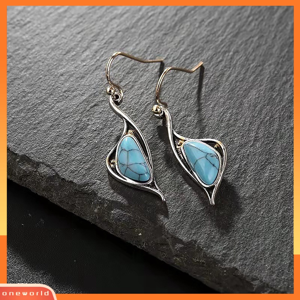 [WOD] 1pasang Tindik Compact Lady Earrings Alloy Blue Turquoise Irregular Hook Menjuntai Anting Perhiasan Aksesoris