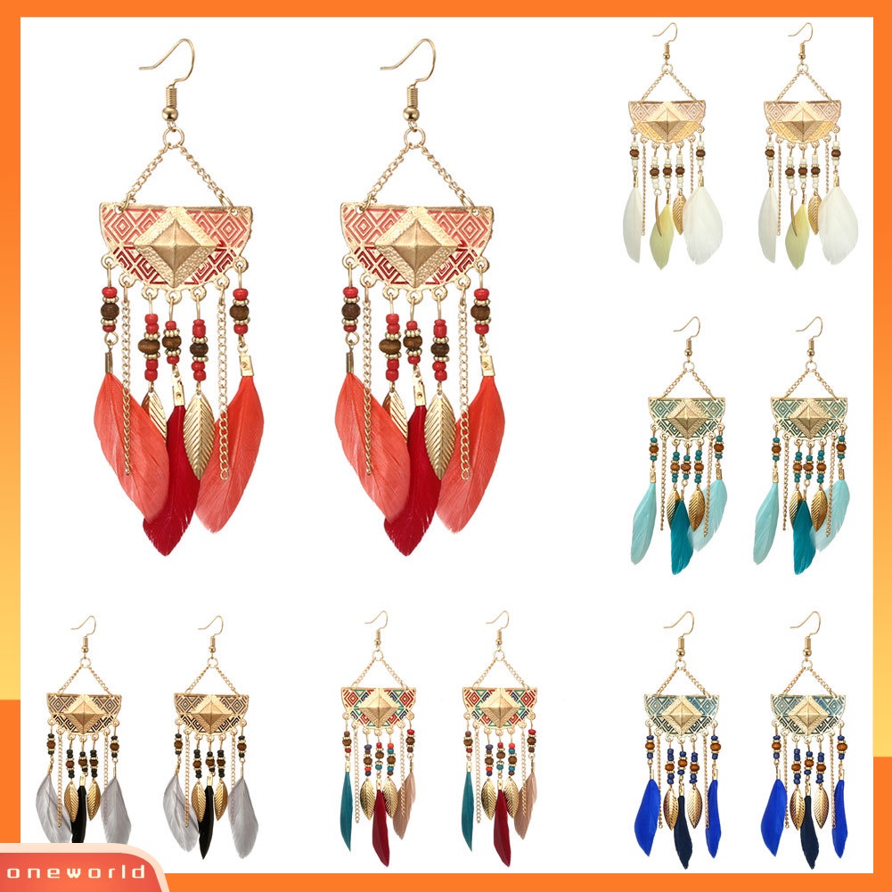 [WOD] Boho Geometris Bentuk Kipas Rumbai Manik-Manik Anting Bulu Statement Lady Ear Hooks