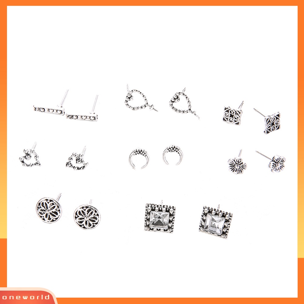 [WOD] 8pasang /Set Vintage Berongga Hati Salib Bunga Telinga Stud Anting Wanita Perhiasan