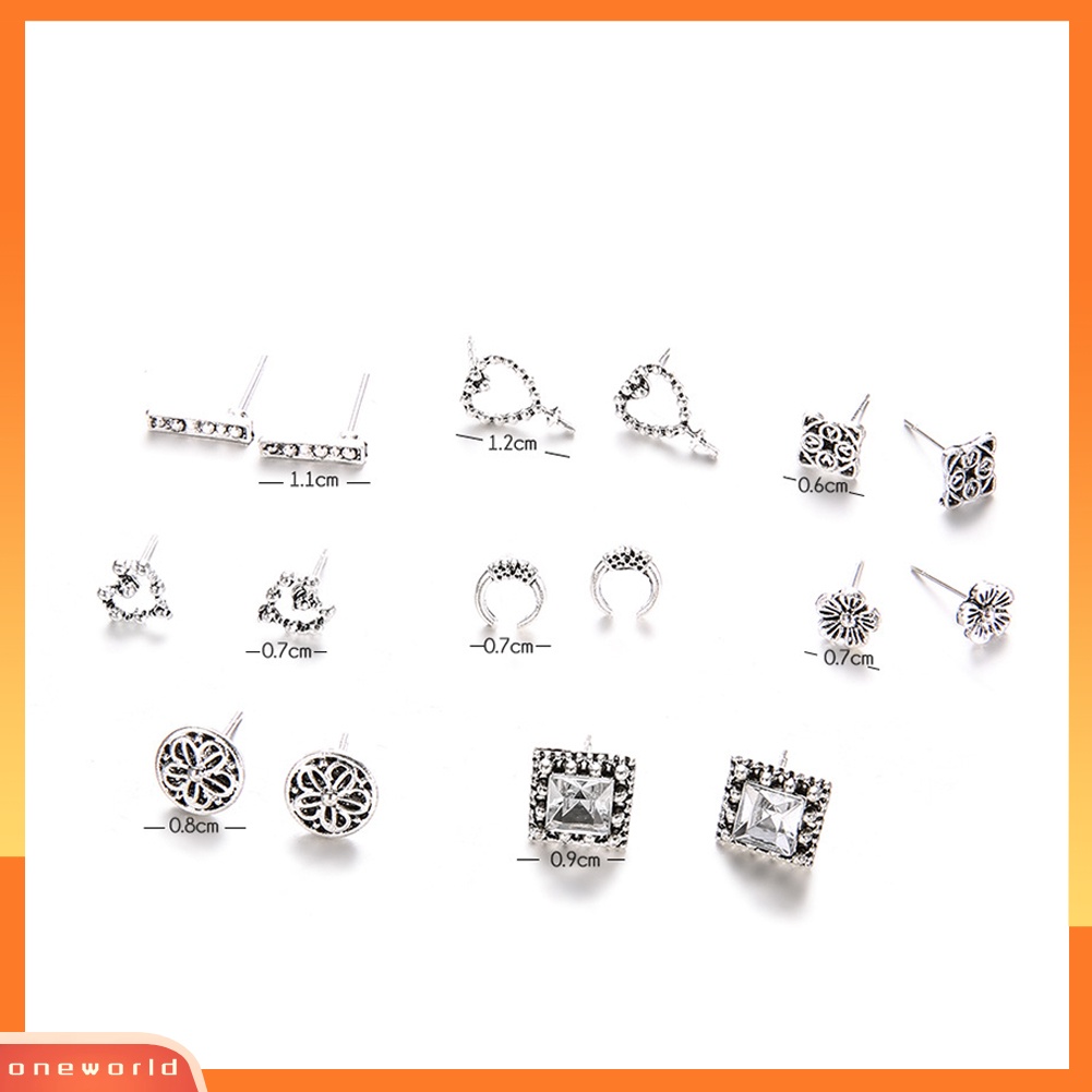 [WOD] 8pasang /Set Vintage Berongga Hati Salib Bunga Telinga Stud Anting Wanita Perhiasan