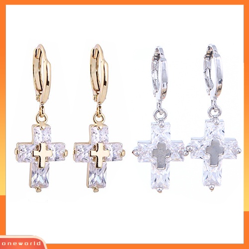 [WOD] Wanita Mewah Cubic Zirconia Menjuntai Drop Cross Hoop Earrings Perhiasan Perjamuan