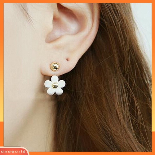 [WOD] Dua Pasang Wanita Daisy Golden Ball Petal Rear Wear Double Side Ear Stud Earrings