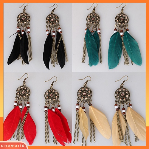 [WOD] Wanita Vintage Bohemia Etnik Dream Catcher Bulu Jumbai Anting Kait Panjang