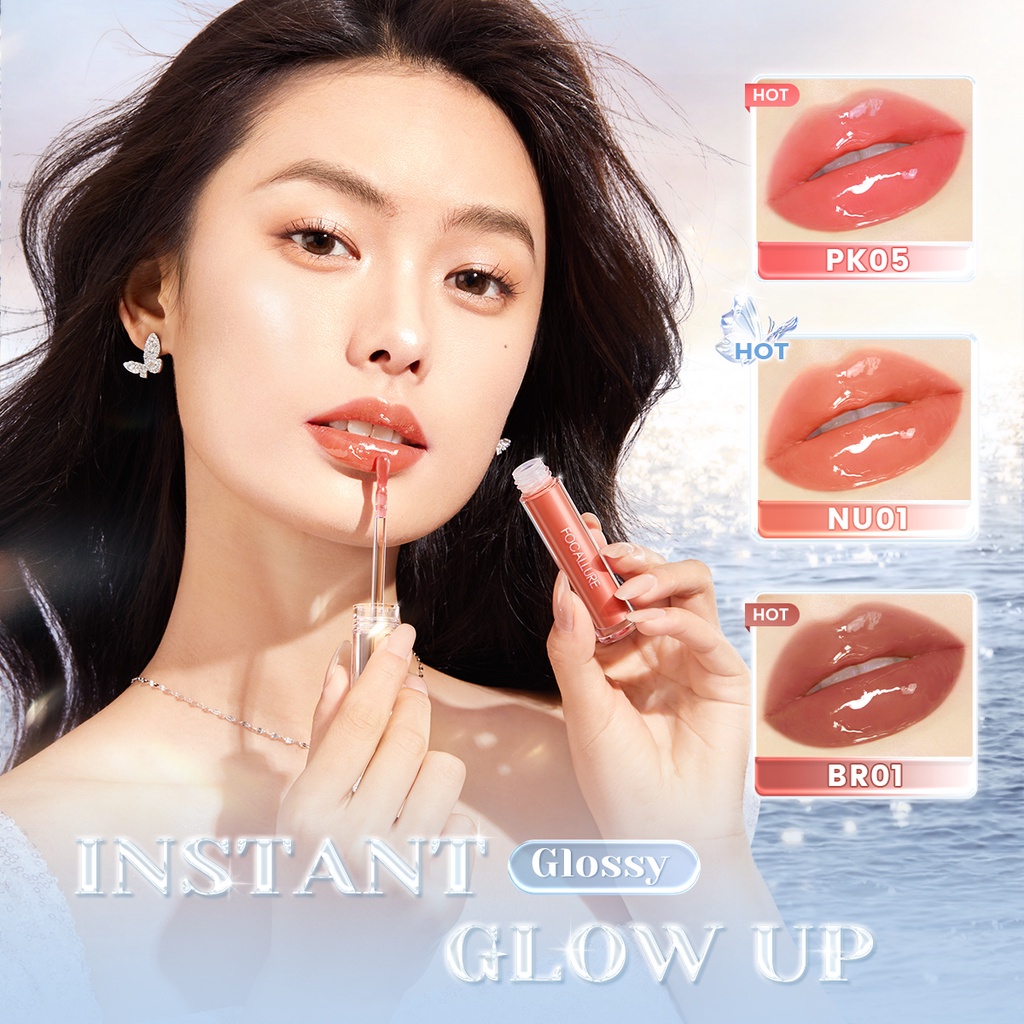 Focallure GlowySparkle Moisturizing Liptint Glossy Watery Lipstick Plumpy Nourishing Long-lasting Lip Tint High Shine Shimmer Glitter Tinted Lipstick Silicone Brush Head