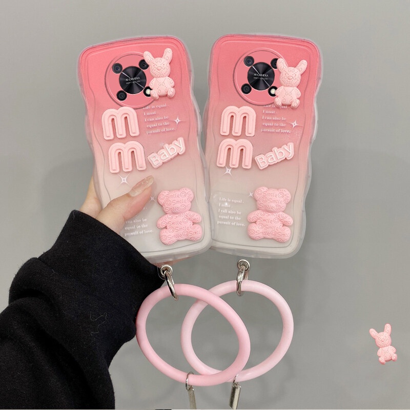 Andyh Desain Baru Untuk Huawei Nova Y90 Case 3D Cute Bear+ Solid Color Bracelet Fashion Premium Gradient Soft Phone Case Silikon Shockproof Casing Pelindung Penutup Belakang