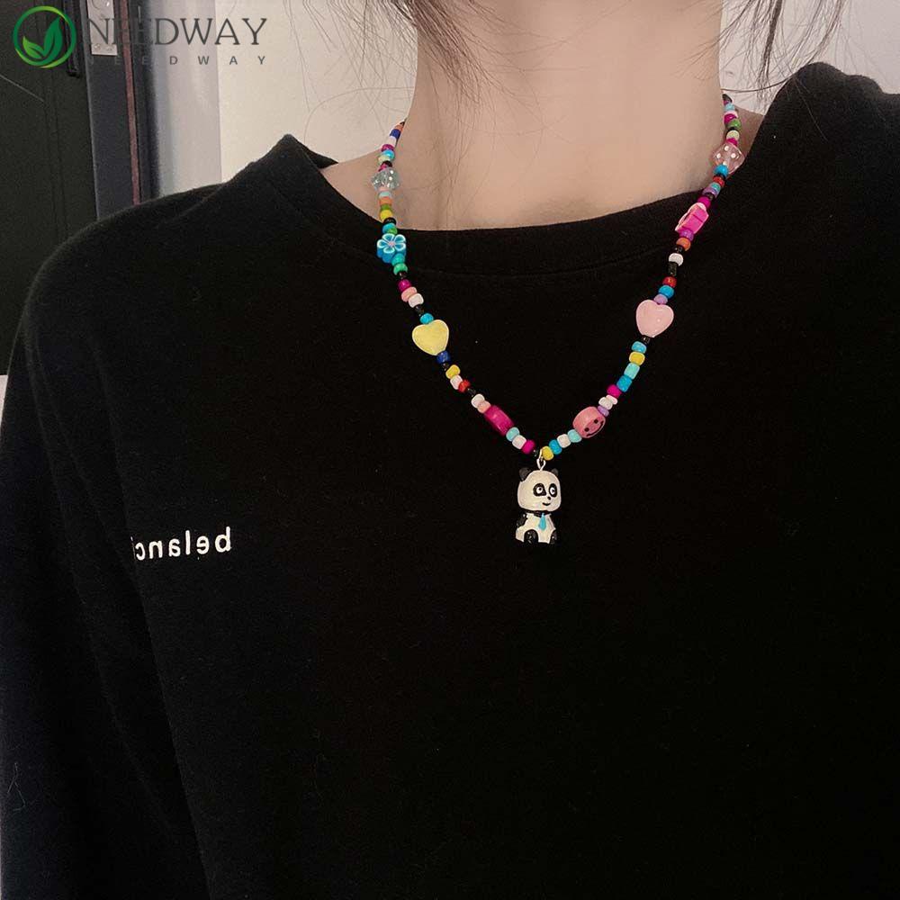 Needway Korea Liontin Kalung Untuk Perempuan Vintage Permen Warna Temperamen Manik-Manik Rantai Panda Senyum Wajah Kalung