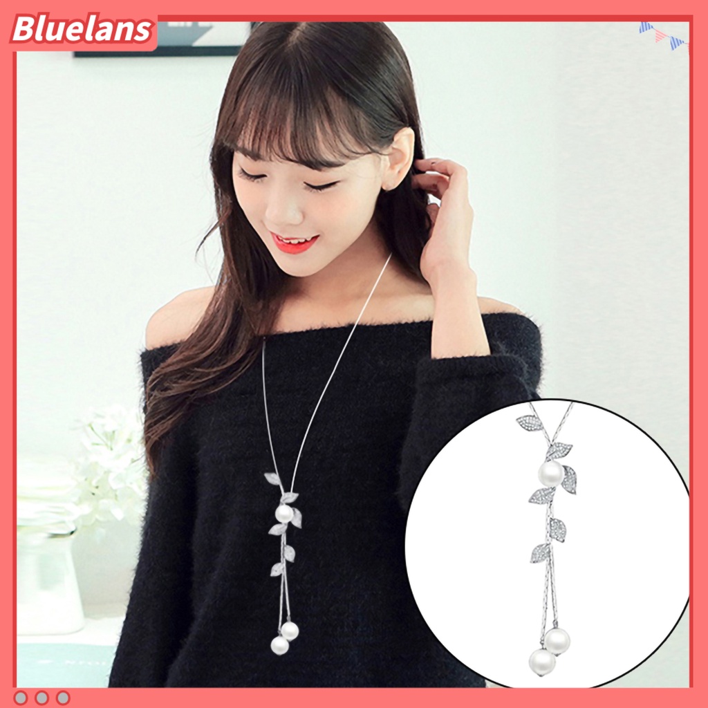 [BLS] Kalung Mutiara Imitasi Rumbai Daun Liontin Aksesoris Indah Sweater Rantai Perhiasan Hadiah Untuk Wanita