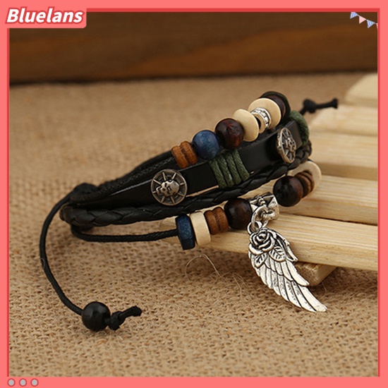 [BLS] Unisex Vintage Multilayer Faux Kulit Sayap Pesona Manik-Manik Kayu Gelang Bangle