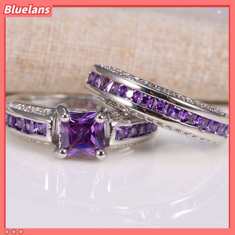 [BLS] 2pcs Perhiasan Putri Persegi Imitasi Amethyst Hias Berlian Imitasi Cincin Kawin Band