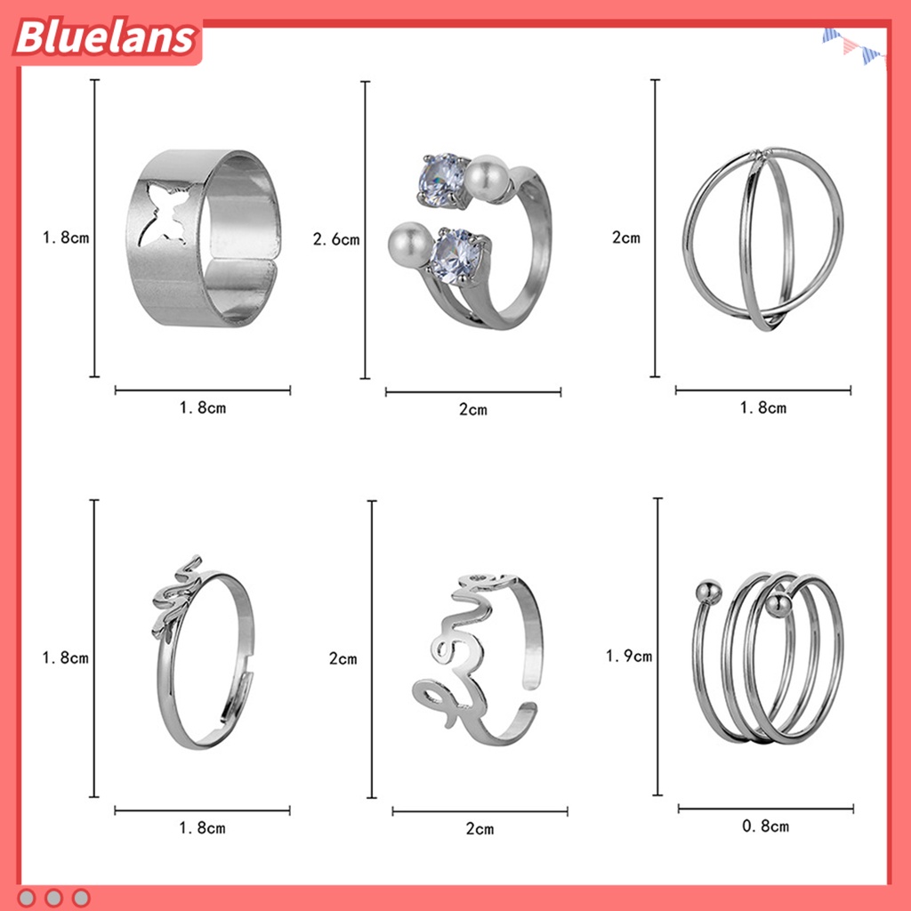 [BLS] 6pcs Cincin Jari Huruf Kupu-Kupu Mutiara Imitasi Pria Wanita Pembukaan Adjustable Ins Style Rings Fashion Jewelry