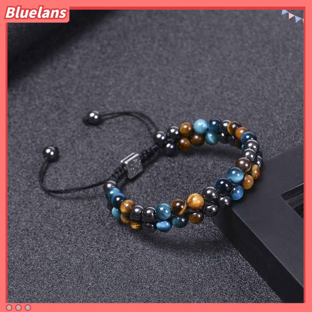 [BLS] Ic Gelang 8mm Manik-Manik Bulat Double-layer Braided Natural Tiger Eye Stone Adjustable Hadiah Fashion Perhiasan Pria Wanita Penghilang Stress Penyembuhan Bangle Untuk Harian