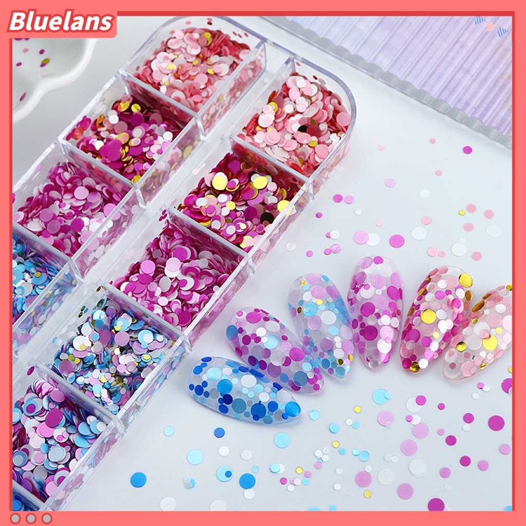 [BLM] 1kotak Nail Art Payet Bersinar Berkilau Mempesona DIY Multicolor 12kisi Mix Ukuran Kuku Bulat Payet Serpihan Manicure Store Supply