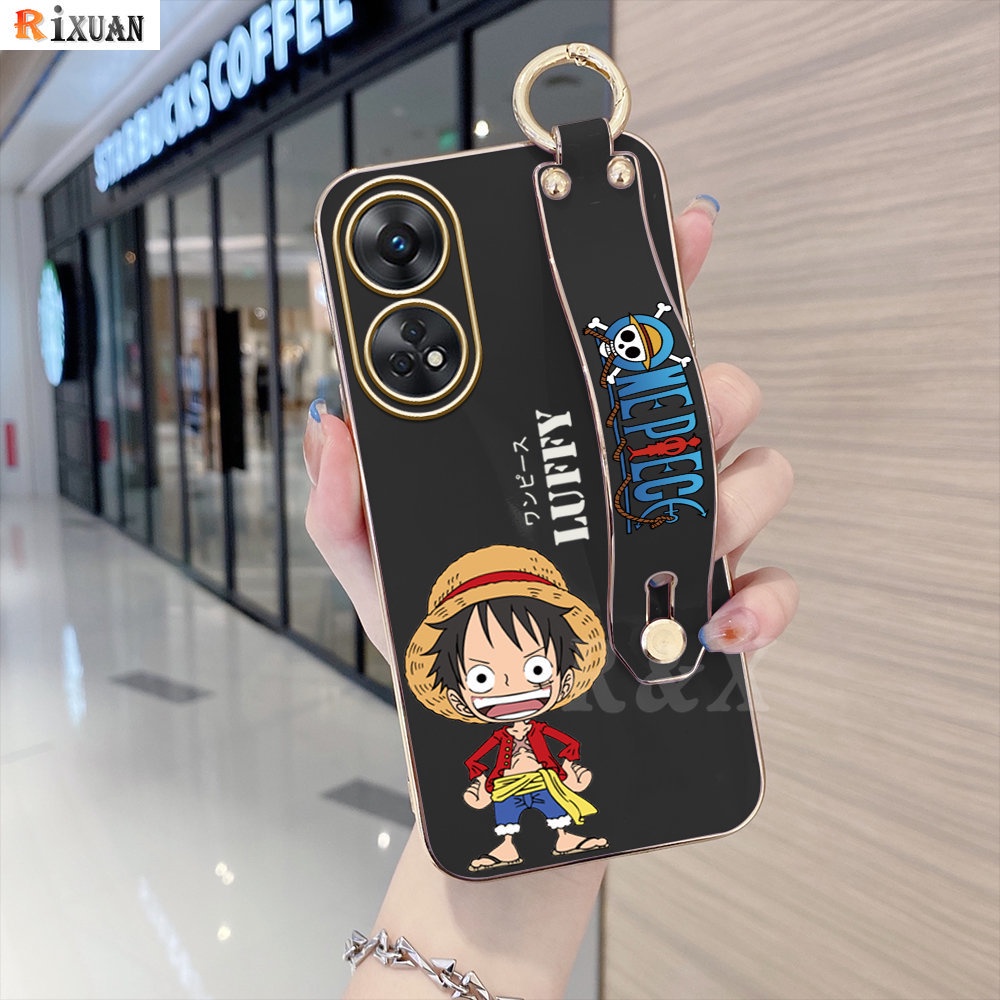 Oppo Reno 8T A78 A55 A96 A76 A3S A12e A31 A52 A92 A5 A9 2020 A83 A1K A94 F11 A37 Reno6 5F 4F Kartun Anime Luffy Mewah Lapis Chrome Soft TPU Square Phone Case Dengan Gelang RIXU