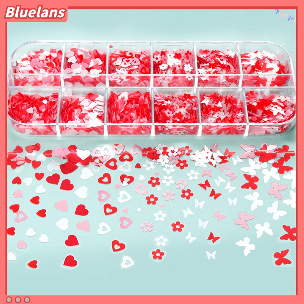 [BLM] 1kotak Paku Payet 12kisi Aneka Bentuk Mini Tipis DIY Nail Art Cinta Hati Bunga Manicure Glitters Dekorasi Untuk Hari Valentine