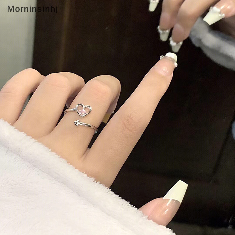 Mornin Fashion Shiny Pink Rhinestone Heart Opening Couple Rings Vintage Kristal Adjustable Finger Ring Untuk Wanita Kekasih Perhiasan Hadiah id