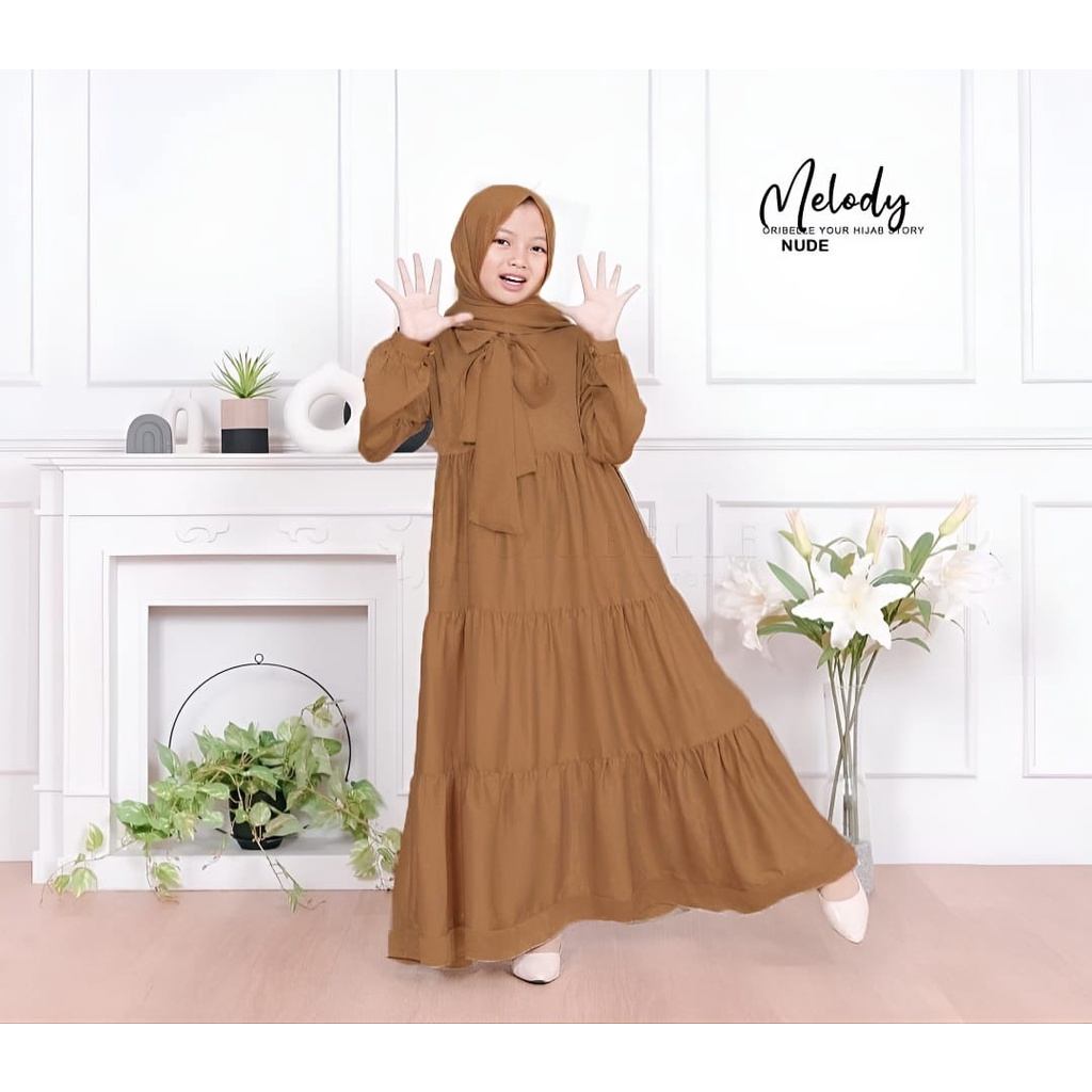 Melody Kids 2in1 Gamis Muslim Free Pashmina Matt Satin Silk Polos Basic Premium Size 8-14 Tahun