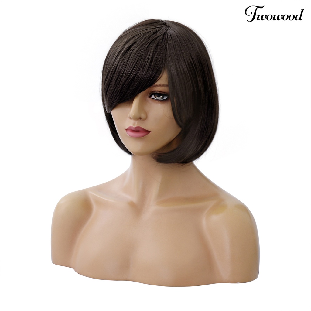 Twowood Wanita Fashion Miring Frisette Pendek Hitam Lurus Pesta Cosplay Rambut Ekstensi Wig