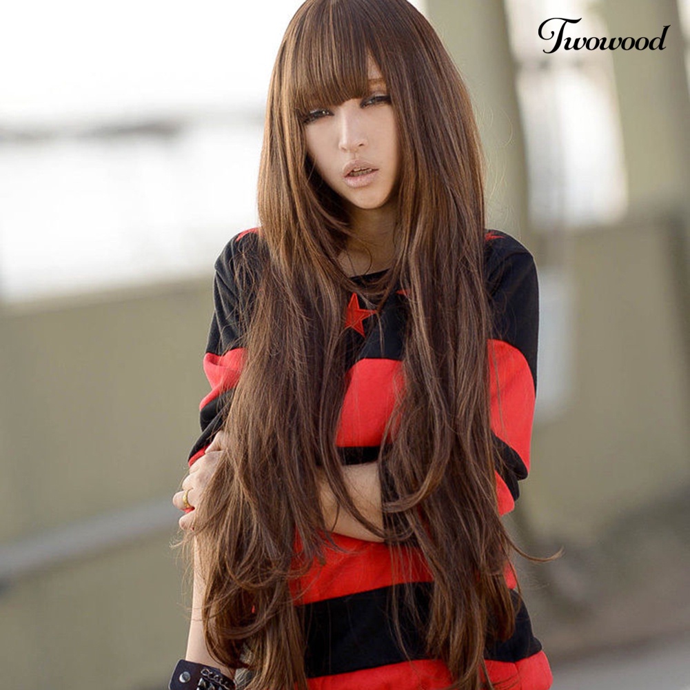 Twowood Wanita 80cm Fashion Panjang Keriting Bergelombang Gaya Cosplay Wig Rambut Penuh Dengan Poni Rapi