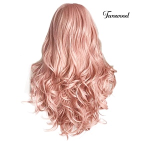 Twowood Pink Belah Tengah Keriting Wig Panjang Rambut Palsu Wanita Cosplay Pesta Sopak